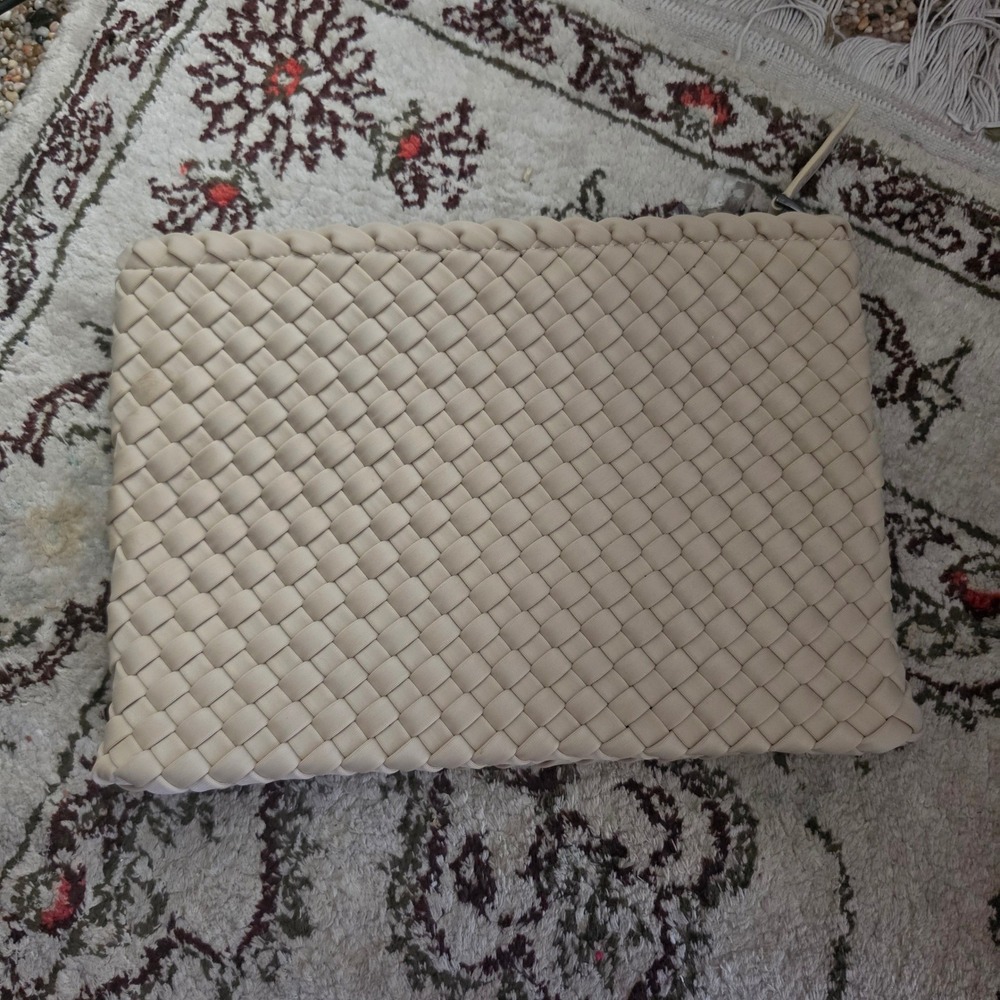 Naghedi Woven Neoprene Clutch Bag Beige Cream Handwoven Zip Pouch